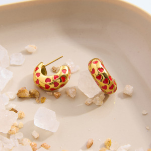 1 Paire De Boucles D'Oreilles Créoles Pour Femme, En Acier Inoxydable Doré, Imperméables, Avec Motif Cœur Rouge. h5 Image3