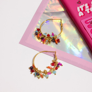 1 Paire De Boucles D'Oreilles Créoles Pour Femme, Ornées De Perles Polychromes, En Acier Inoxydable Et Couleur Or, Étanches. h5 Image6