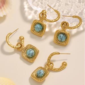 Ensemble De Bijoux Pour Femmes, 1 Pièce, Style Rétro Rectangulaire, En Acier Inoxydable Turquoise, Étanche, Couleur Or, Avec Pierre Naturelle. h5 Image6