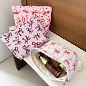 Trousse De Maquillage Pour Femme Avec Nœud Rayé De Qualité Supérieure, 1 Pièce h5 Image4