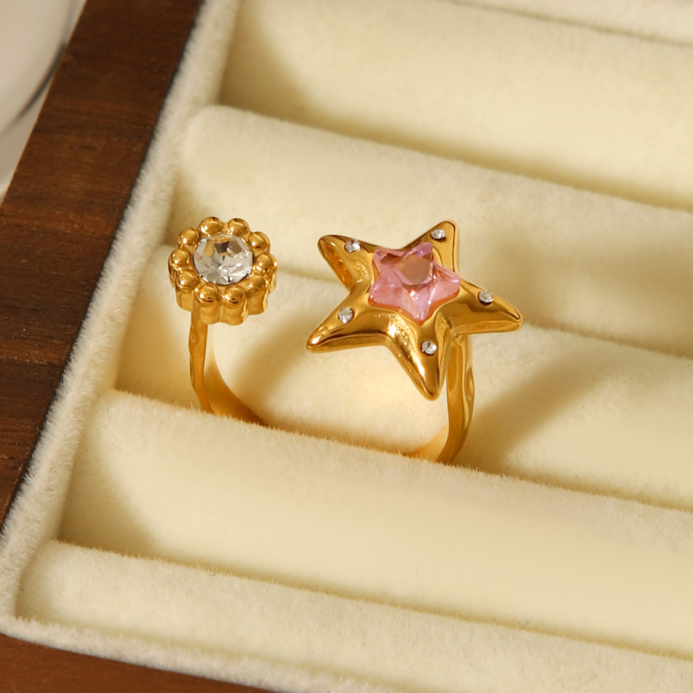 Bague Daily Star En Acier Inoxydable, Étanche, Couleur Or, Avec Zircon (1 Pièce). Image6