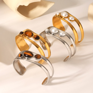 1 Paire De Bracelets Pour Femme, Collection Simple Series, En Acier Inoxydable Imperméable, Couleur Or, Avec Perles. h5 Image5