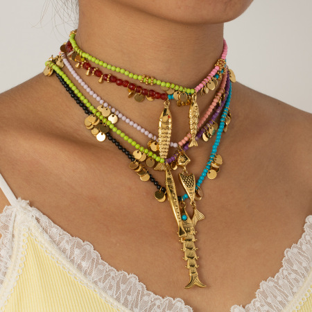 Collier de perles pour femme, 1 pièce, en acier inoxydable étanche, couleur or, motif poisson vif