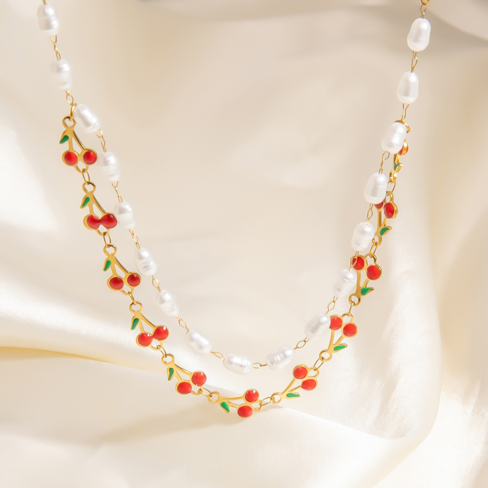 Collier Simple En Acier Inoxydable Pour Femme, 1 Pièce, Motif Cerise Naturelle Image4