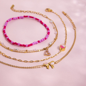 Bracelet À Breloques Pour Femme, 1 Pièce, En Acier Inoxydable, Couleur Or, Avec Cœur Rose Romantique h5 Image5