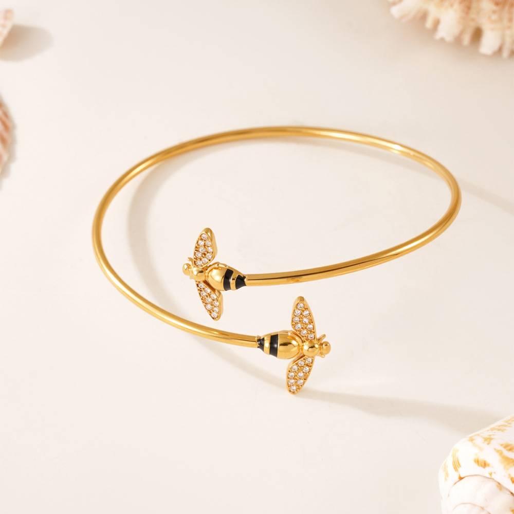 Bracelet Jonc Délicat En Acier Inoxydable, Imperméable, Couleur Or, Orné De Zircon Et D'Un Motif D'Insectes (1 Pièce) Image7