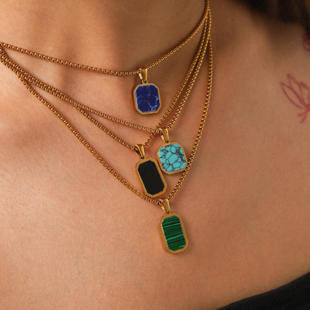 Collier pendentif femme Simple Series Daily Rectangle en acier inoxydable étanche avec pierre naturelle (1 pièce)
