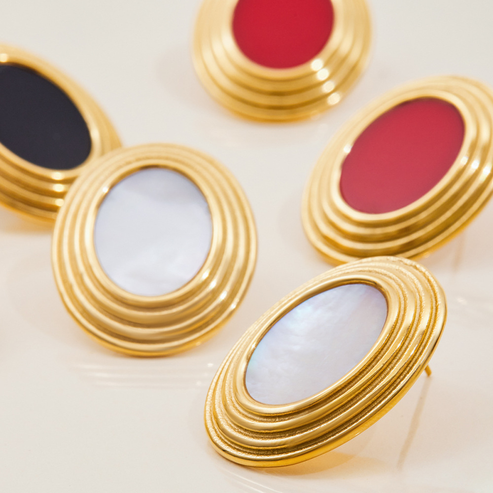 1 Paire De Boucles D'Oreilles Puces Ovales Rétro Classiques En Acier Inoxydable Étanche Couleur Or Pour Femmes Image6