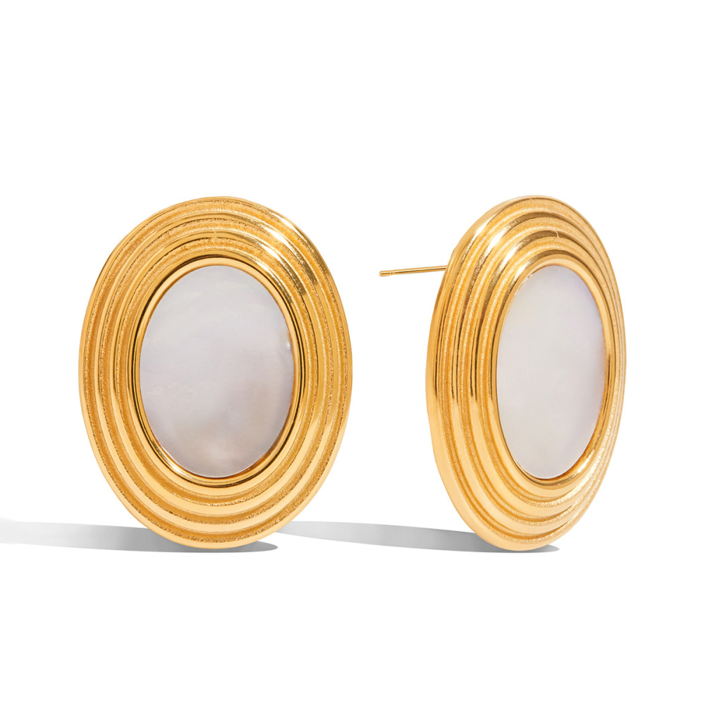 1 Paire De Boucles D'Oreilles Puces Ovales Rétro Classiques En Acier Inoxydable Étanche Couleur Or Pour Femmes 