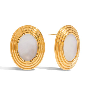 1 Paire De Boucles D'Oreilles Puces Ovales Rétro Classiques En Acier Inoxydable Étanche Couleur Or Pour Femmes h5 