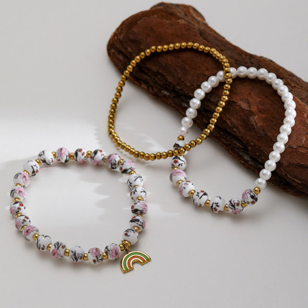 1 bracelet de perles élégant et luxueux en céramique florale couleur or pour femme 2
