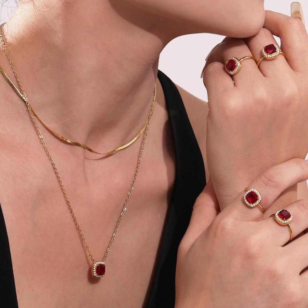 Ensemble De Bijoux Pour Femme, 1 Pièce, Classique Carré, En Acier Inoxydable, Étanche, Couleur Or, Zircon Rouge h5Image7