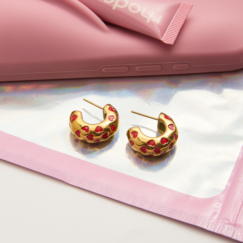 1 Paire De Boucles D'Oreilles Créoles Pour Femme, En Acier Inoxydable Doré, Imperméables, Avec Motif Cœur Rouge. Image4