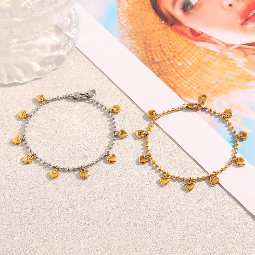 Bracelet À Breloques Pour Femme, En Acier Inoxydable, Couleur Or, Avec Motif Cœur (1 Pièce). h5Image6