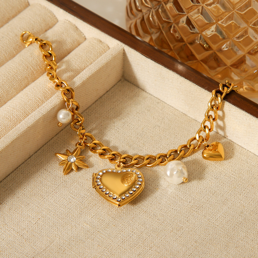 Bracelet À Breloques Daily Heart Pour Femme, En Acier Inoxydable Étanche, Couleur Or, Avec Zircon (1 Pièce). Image5