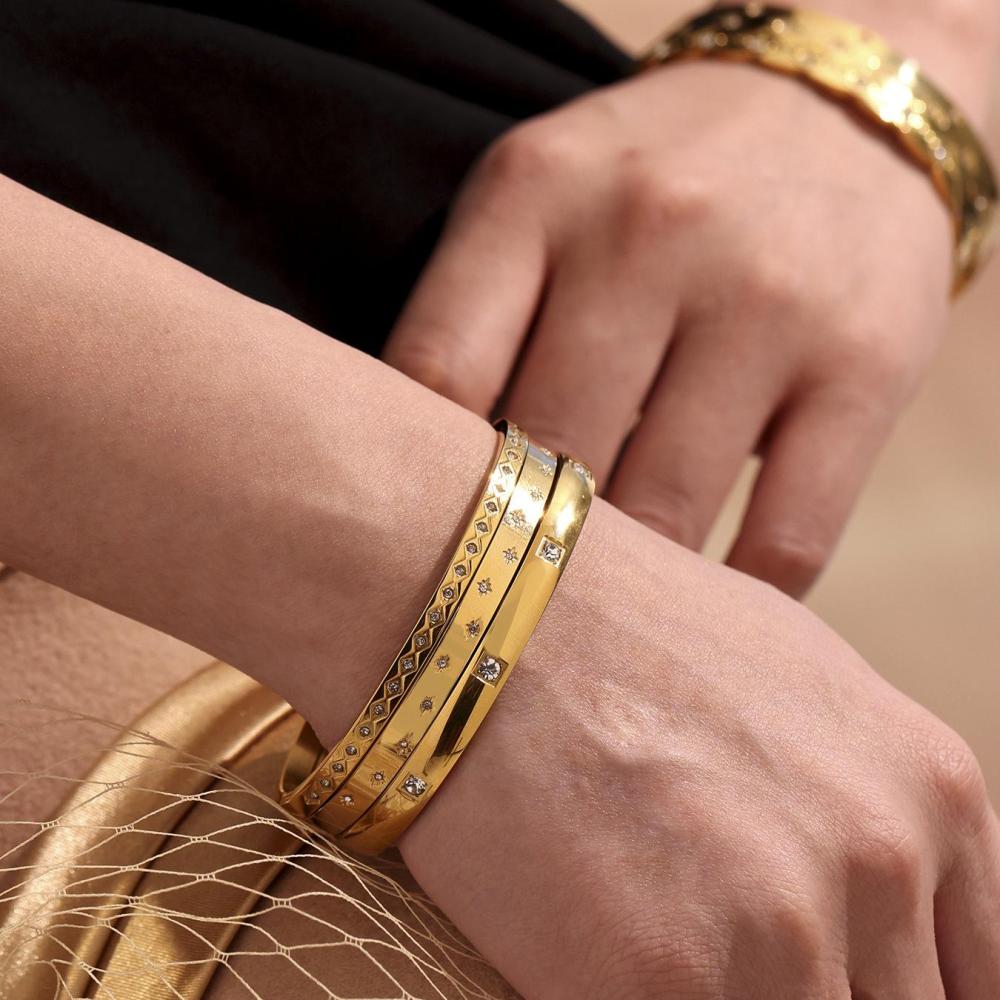 Bracelet Jonc Classique Pour Femme, Forme Irrégulière, En Acier Inoxydable, Couleur Or, Étanche (1 Pièce) Image7