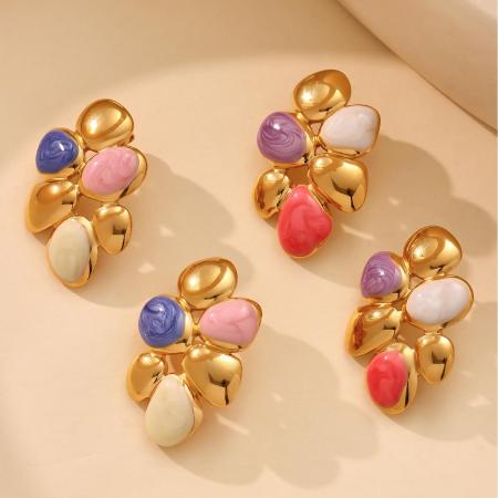 Boucles d'oreilles puces pour femme, en acier inoxydable, couleur or, avec motif floral polychrome (1 paire). 2