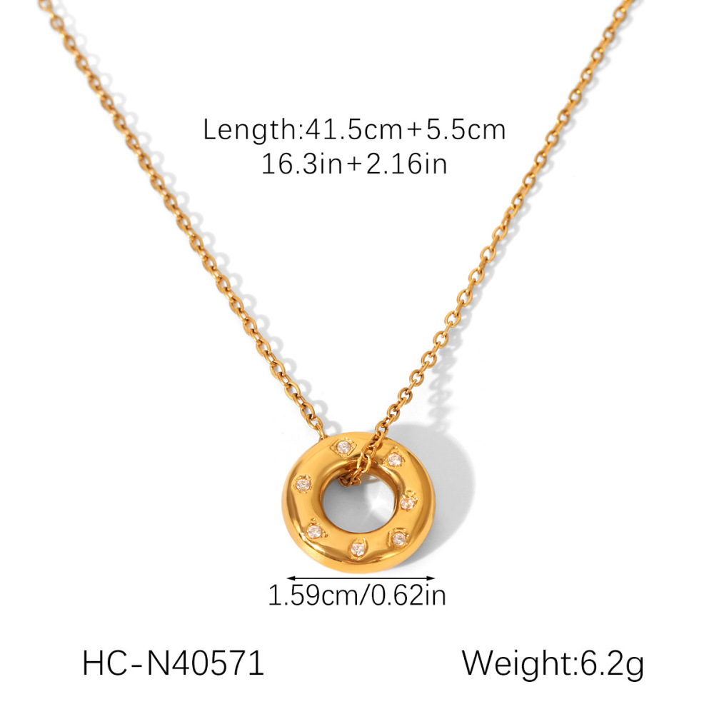 Collier Pendentif Rond En Acier Inoxydable Étanche Couleur Or Avec Zircon Pour Femme (1 Pièce) h5Image2