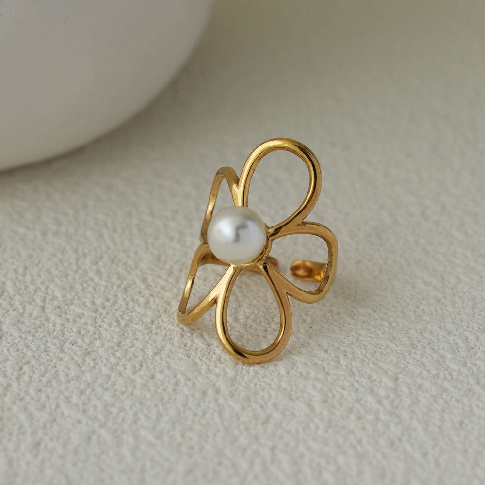 Bague Tendance Simple Et Élégante En Acier Inoxydable Doré, Couleur Or, Avec Motif Floral. Image6