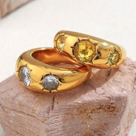 Bague glamour ronde en acier inoxydable étanche couleur or avec pierre précieuse (1 pièce)