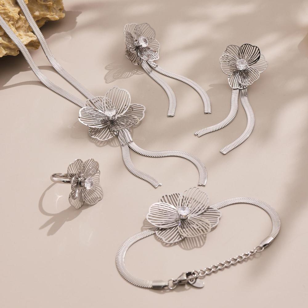 Ensemble De Bijoux Pour Femme En Acier Inoxydable Doré, Orné D'Un Zircon Et D'Une Fleur Classique (1 Pièce). h5Image8