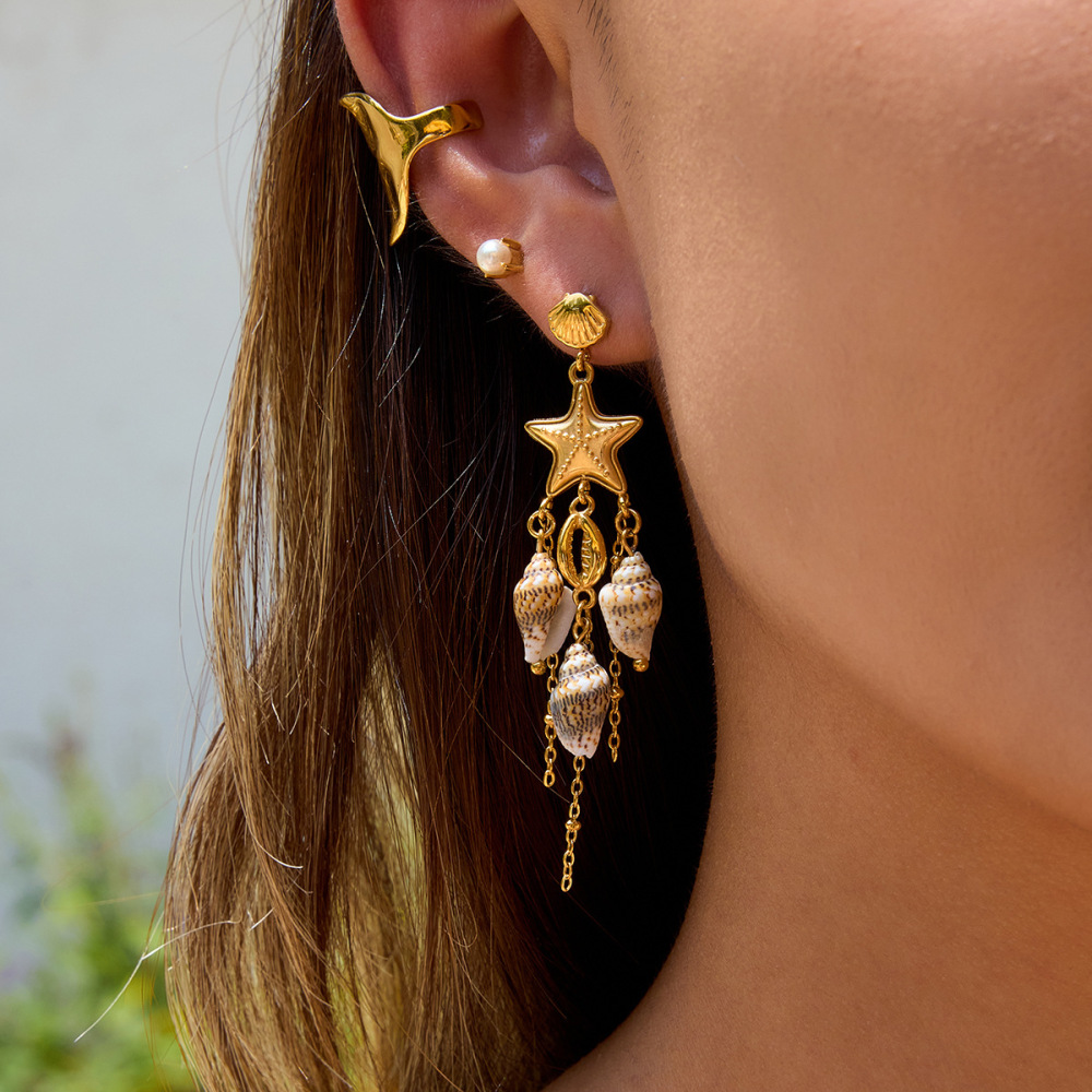 Boucles D'Oreilles Pendantes Pour Femme, En Acier Inoxydable, Couleur Or, Avec Coquillage Naturel Et Étanchéité. Image3