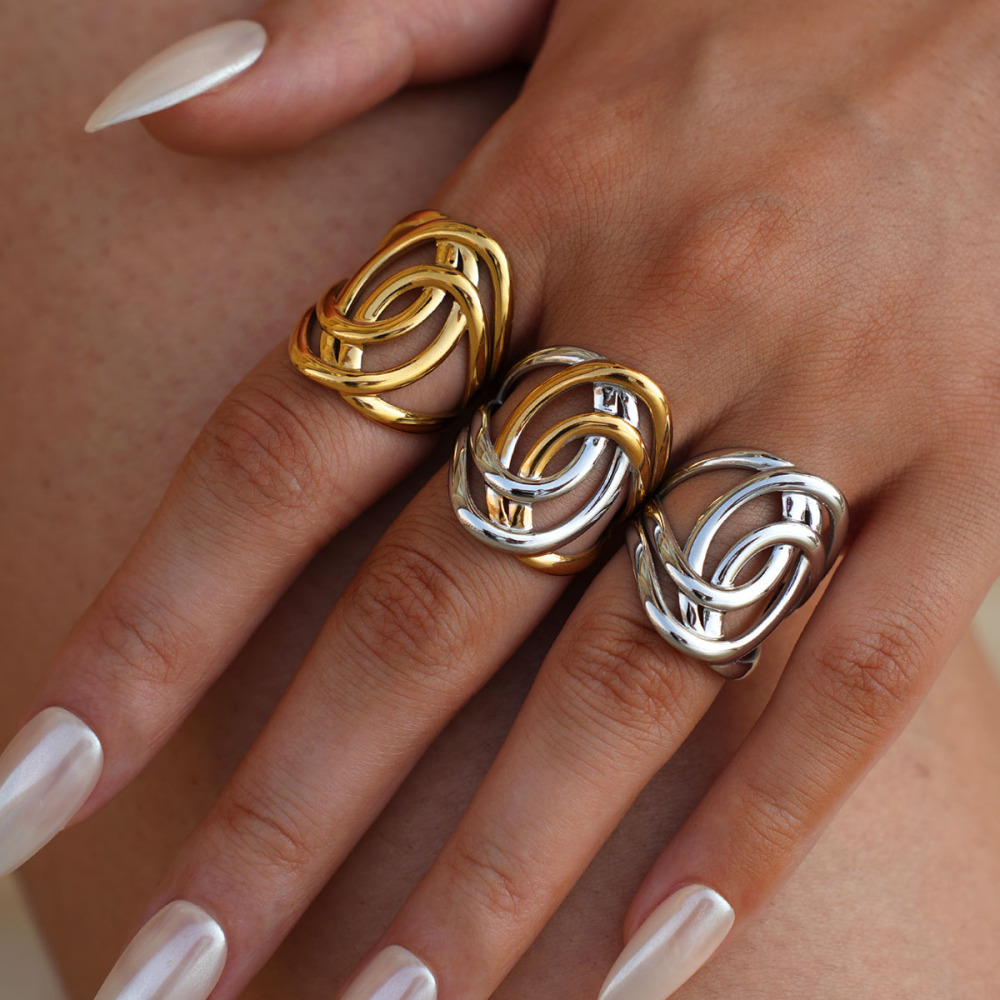 Bague Simple Et Décontractée En Acier Inoxydable De Forme Irrégulière, Couleur Or Image8