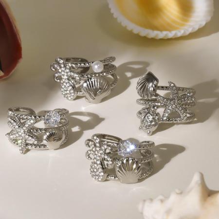 Bague tendance en acier inoxydable doré, ornée d'un motif d'organisme marin brillant (1 pièce). 2