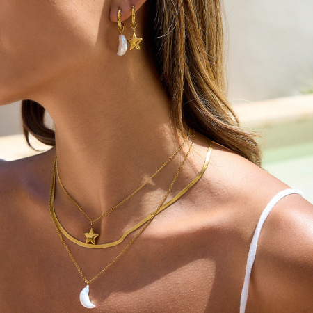 Ensemble de bijoux pour femme en acier inoxydable étanche, orné d'une perle d'eau douce et d'un motif soleil et lune (1 pièce).