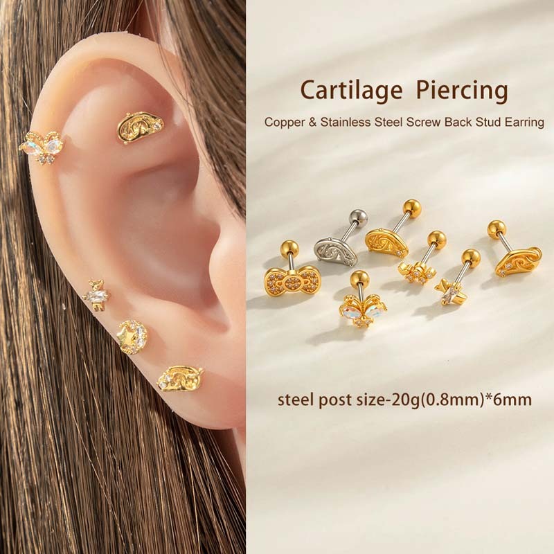 Boucle D'Oreille Piercing En Forme De Nœud En Cuivre Doré Et Zircon h5Image4