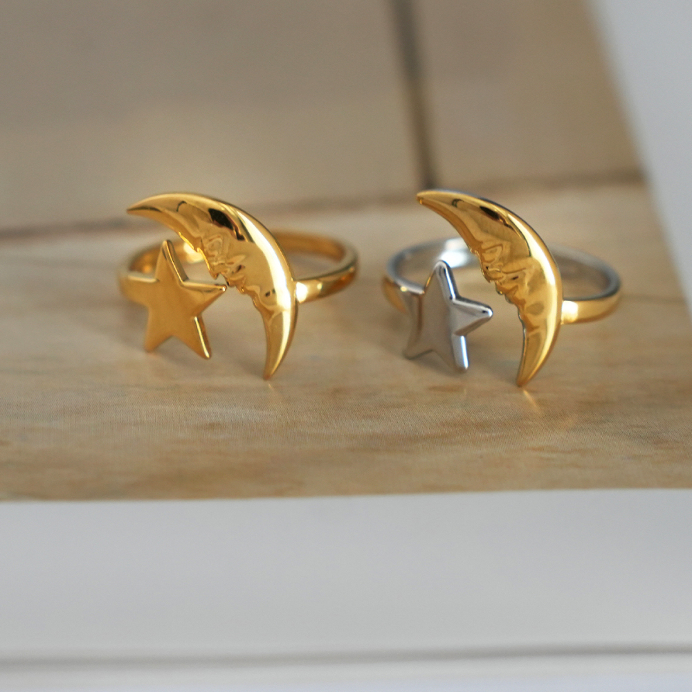 Bague Tendance Simple Et Décontractée En Acier Inoxydable Couleur Or, Avec Motif Lune. Image8