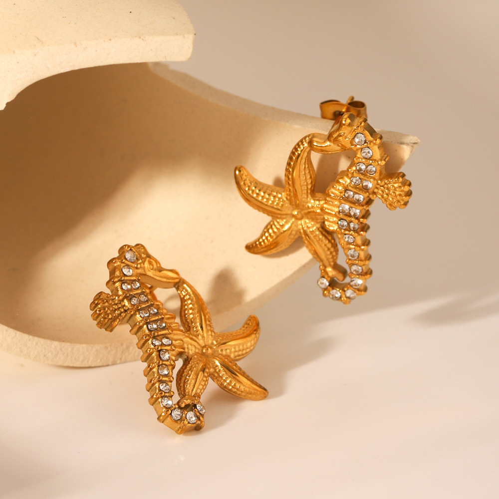 Boucles D'Oreilles Puces Pour Femmes, Motif Animal Simple, En Acier Inoxydable, Étanches, Couleur Or Et Zircon. Image4