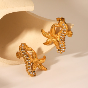 Boucles D'Oreilles Puces Pour Femmes, Motif Animal Simple, En Acier Inoxydable, Étanches, Couleur Or Et Zircon. h5 Image4