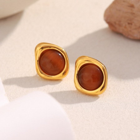 1 paire de boucles d'oreilles puces classiques annulaires en acier inoxydable étanche, couleur or, avec pierre naturelle 2