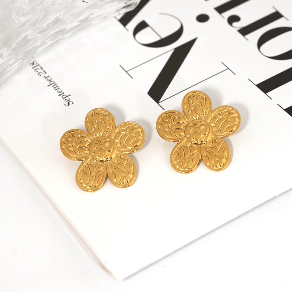 1 Paire De Boucles D'Oreilles Puces Simples Pour Femmes, En Acier Inoxydable Étanche, Couleur Or, Avec Motif Floral Quotidien. Image7