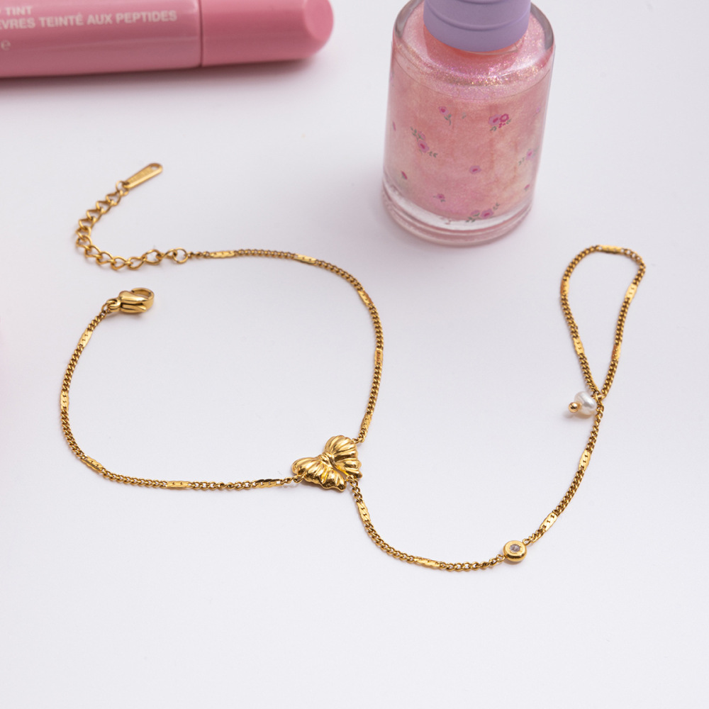 Bracelet À Maillons Pour Femme, En Acier Inoxydable Doré, Avec Nœud Papillon Romantique (1 Pièce). h5Image7