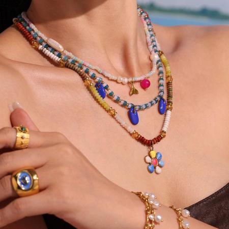 Collier de perles pour femme, 1 pièce, motif bohème, pierres naturelles, couleur or
