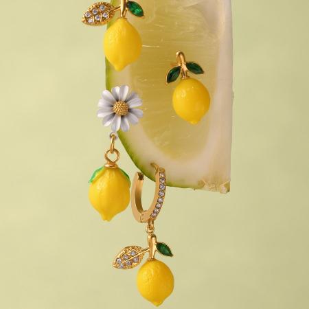 Boucles d'oreilles pendantes pour femme, en acier inoxydable doré, motif citron naturel (1 paire). 2