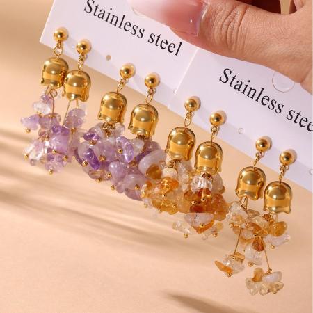 Boucles d'oreilles pour femme, 1 paire, avec pompon en pierre naturelle, acier inoxydable étanche, couleur or. 2