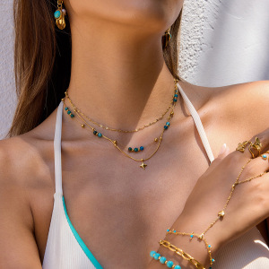 Collier À Plusieurs Rangs Pour Femme, Orné De Perles Rétro En Forme D'Étoile, En Acier Inoxydable Étanche Couleur Or (1 Pièce) h5 Image3