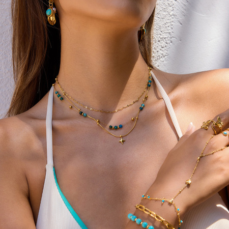 Collier à plusieurs rangs pour femme, orné de perles rétro en forme d'étoile, en acier inoxydable étanche couleur or (1 pièce) 2