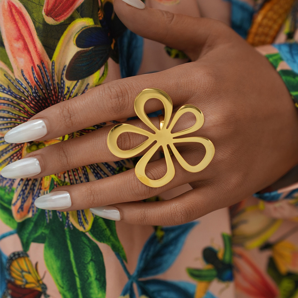 Bague De Déclaration Pour Femme En Acier Inoxydable Couleur Or Avec Motif Floral Rétro, 1 Pièce Image8