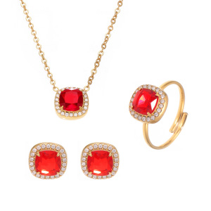 Ensemble De Bijoux Pour Femme, 1 Pièce, Classique Carré, En Acier Inoxydable, Étanche, Couleur Or, Zircon Rouge h5 Image8