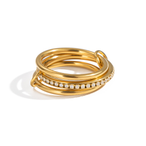 Bague Simple Patchwork En Acier Inoxydable Imperméable Couleur Or Avec Strass h5 Image5