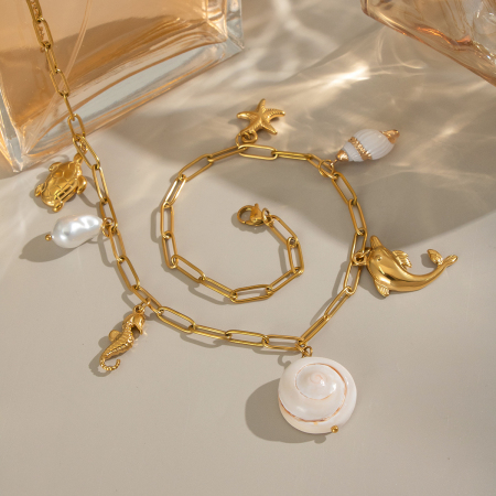Collier pendentif en acier inoxydable, couleur or, avec coquillage naturel (1 pièce) 2