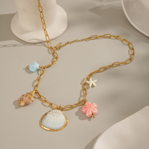 Collier Pendentif Romantique En Acier Inoxydable Doré, Couleur Coquillage, 1 Pièce h5 Image5