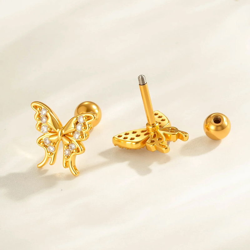 Boucle D'Oreille Piercing Papillon En Cuivre Doré Et Zircon Image3