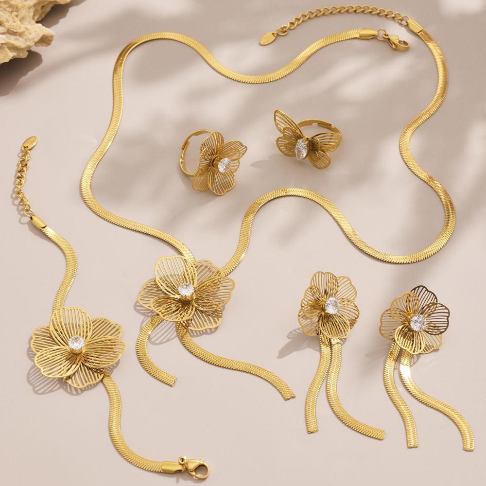 Ensemble De Bijoux Pour Femme En Acier Inoxydable Doré, Orné D'Un Zircon Et D'Une Fleur Classique (1 Pièce). h5Image7