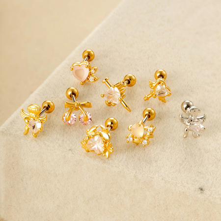 Boucle d'oreille piercing en forme de cœur en cuivre doré et zircon