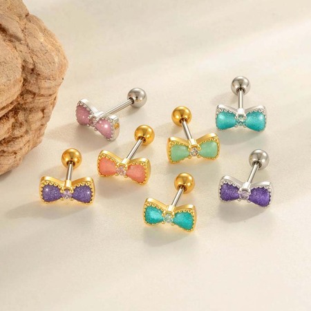 Boucles d'oreilles piercing pour femme, 1 pièce, nœud papillon polychrome, cuivre, couleur or, zircon